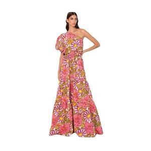 S/W/F Frida One Shoulder Floral Maxi Dress Ruffle Tiered A-Line Size XS